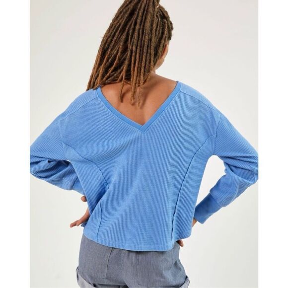 Daily Practice Anthropologie New York Garden Club Blue Waffle V Back L - Picture 3 of 10